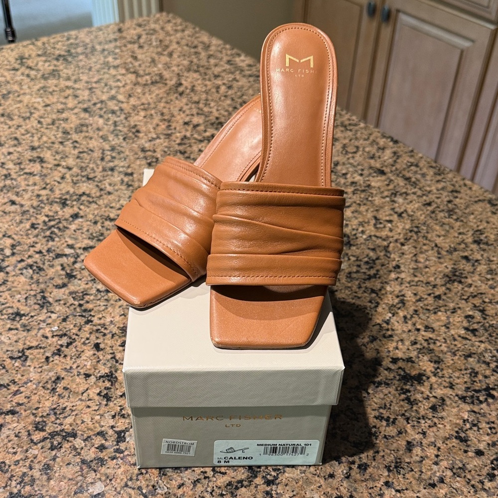 Marc Fisher “Caleno” Ruched Square-Toe Slide Mules